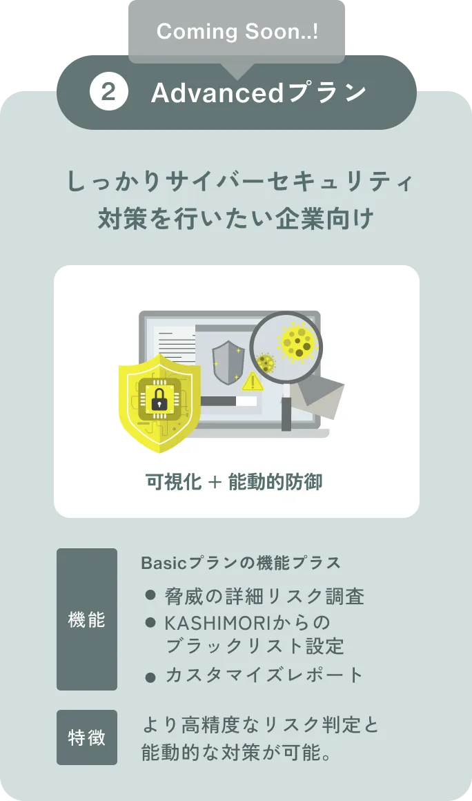 2 Advancedプラン  しっかりサイバーセキュリティ 対策を行いたい企業向け 可視化 + 能動的防御 機能 能動的設定 技術 特定ドメイン詳細リスク調査 特徴 より高精度なリスク判定と 能動的な対策が可能。